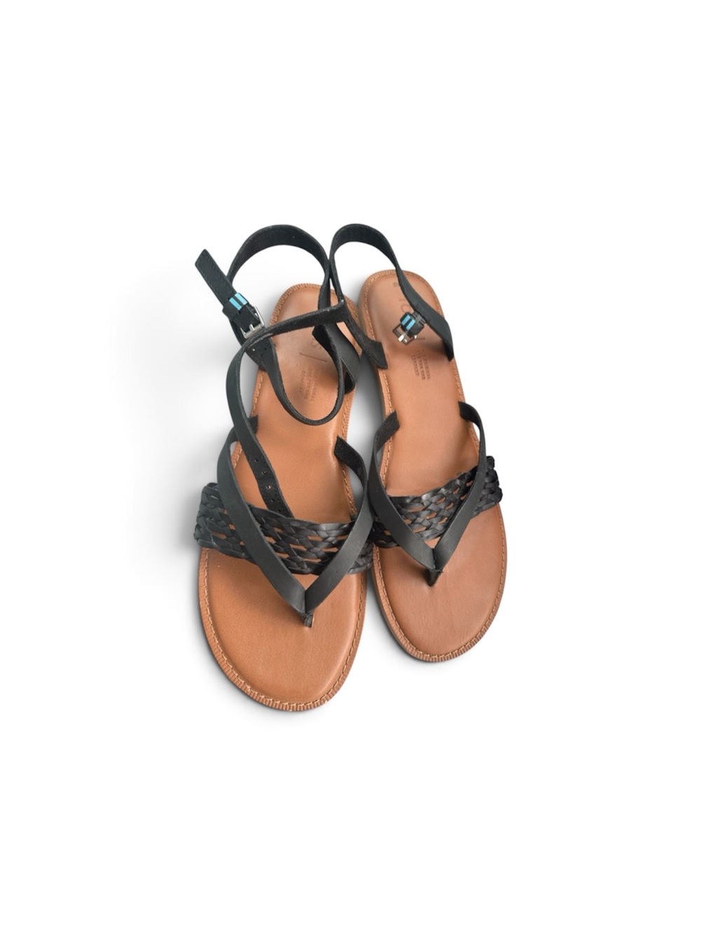 Tom’s women’s Braided Black Leather Flat Sandals with Ankle Strap